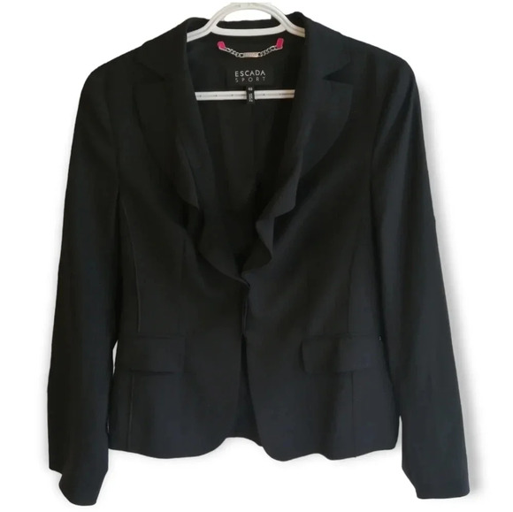 Escada Sport Crepe Virgin Wool Ruffle Front Black Blazer 40 GE or 10 US - Picture 1 of 17